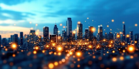 Poster - A futuristic cityscape at twilight glows with interconnected network lights illuminating the modern city skyline.