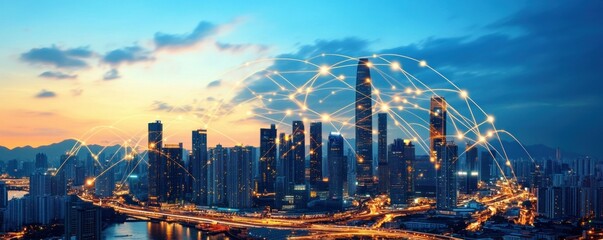 Fototapete - A vibrant city skyline at sunset showcases a futuristic network of interconnected glowing nodes.
