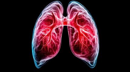 Aufkleber - A detailed anatomical illustration showcases the human lungs with intricate vascular system highlighted in vibrant red and blue