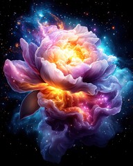 Poster - A vibrant cosmic peony flower blossoms with iridescent nebulae and starlight in a surreal digital art creation.
