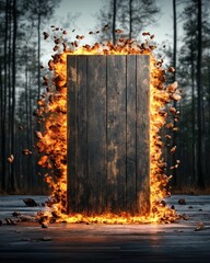 Aufkleber - A dark wooden plank engulfed in fiery flames and exploding rocks stands in a mysterious pine forest at night.