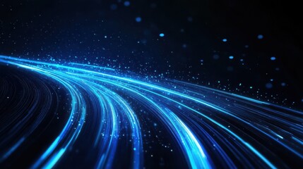 Poster - blue lines of light streak across a dark background, creating a futuristic, abstract design illustra