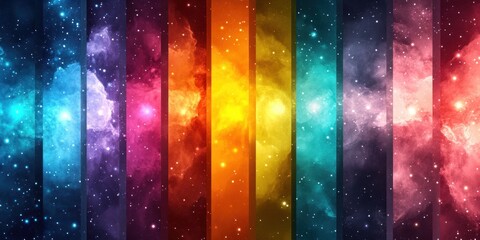 Poster - Vibrant rainbow stripes blend seamlessly with a cosmic nebula background creating a dreamy interstellar landscape perfect for design projects.