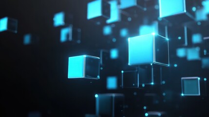 Poster - 3D cubes with a blue glow floating against a dark background, creating a futuristic and digital technology concept with a sense of innovation and virtual reality. illustration
