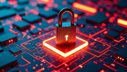 Poster - Digital Security Concept Featuring a Metallic Padlock on a Glowing Red Base Surrounded by Abstract Technology Elements