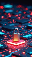 Poster - Digital Security Concept Featuring a Metallic Padlock on a Glowing Red Base Surrounded by Abstract Technology Elements