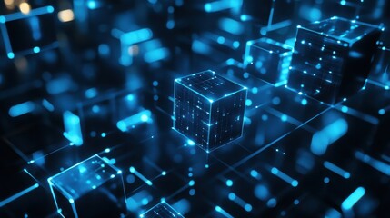 Poster - 3D cubes with a blue glow floating against a dark background, creating a futuristic and digital technology concept with a sense of innovation and virtual reality. illustration