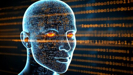 Poster - Futuristic digital humanoid figure with glowing eyes surrounded by binary code