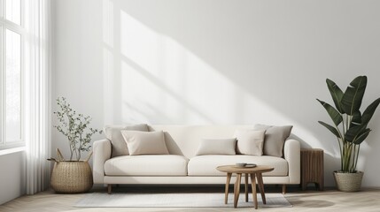 Poster - Minimalist modern living room interior background, Scandinavian style, 3D render illustration