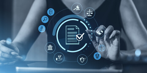 Poster - Digital contract verification interface with business icons.