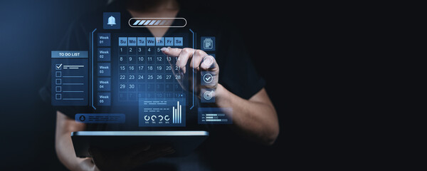 Poster - Business professional using futuristic digital touchscreen interface with calendar and task management icons.