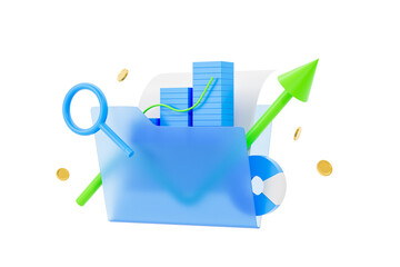 Poster - Financial data analysis concept with folder, magnifying glass, chart, and upward arrow. 3D Rendering