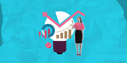 Poster - Businesswoman with financial data and lightbulb concept on blue