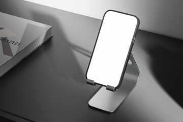 Poster - Smartphone mockup on a stand with blank screen on dark desk. 3D Rendering