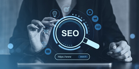 Poster - Businesswoman interacting with SEO hologram interface.