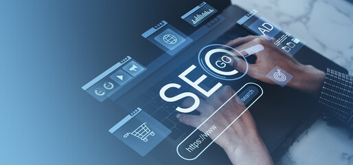 Poster - SEO digital marketing with futuristic HUD interface.