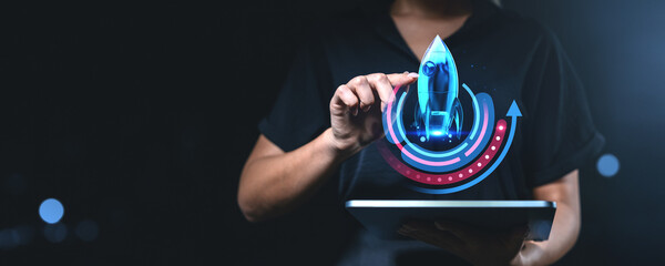 Poster - Business startup launch concept with digital rocket projection.
