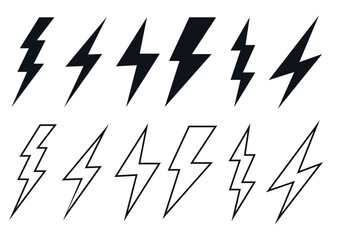 Poster - Mixed Lightning Bolt Icon Set. Combination of Filled and Outline Thunderbolt Vectors for Electricity, Voltage, Energy Concepts and User Interface Design