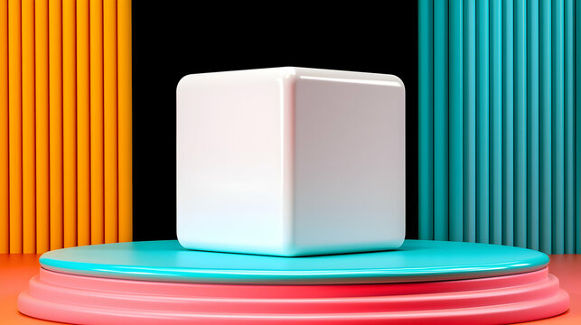 White Cube on Teal and Pink Platform with Orange and Teal Background