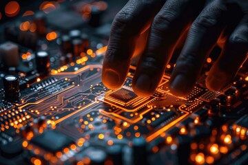 Poster - a hand is touching a glowing circuit board carefully