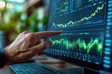 Poster - A hand pointing at financial data displayed on computer screen