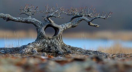 A tree having an abstract shape in a natural landscape.