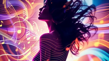 Poster - Dynamic silhouette dancing in vibrant, colorful light waves with musical notes