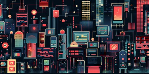 Poster - Connected cityscape with electronic devices and icons