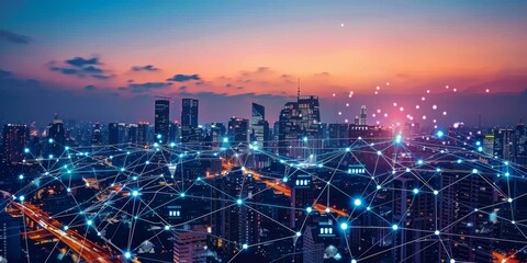 Poster - Digital city skyline with IoT devices connecting businesses