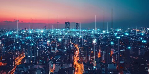 Poster - Digital city skyline with IoT devices connecting businesses