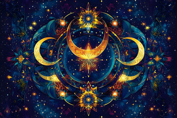 Fototapete - Intricate golden celestial art with moons and stardust details