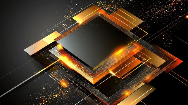 Abstract black futuristic background with sharp geometric layers, reflective glossy squares, and sleek digital textures. A modern, high-tech aesthetic.