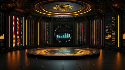 Poster - Abstract futuristic data visualization dashboard with bright bar graphs and line charts.