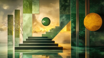 Leinwandbilder - Abstract green digital background with geometric shapes, glossy textures, and a futuristic layered pattern.