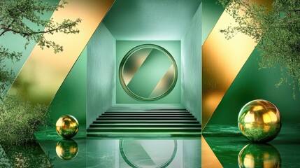Leinwandbilder - Abstract green digital background with geometric shapes, glossy textures, and a futuristic layered pattern.