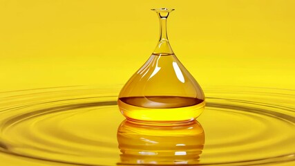 Poster - Clear liquid droplet rests on bright yellow surface reflecting its form and color in a serene composition