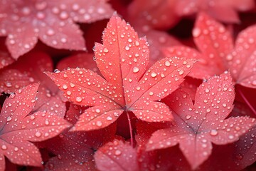 Wall Mural - Vibrant Red Maple Leaves with Dew Drops Nature's Autumn Beauty
