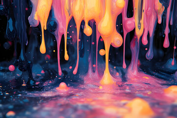 Fototapete - Brightly colored viscous liquids dripping and pooling on a dark background