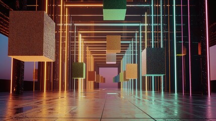 Poster - AI-driven data visualization with interconnected 3D cubes, futuristic neon colors, and a cyber-inspired layout.