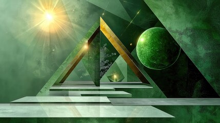 Poster - Bold green abstract composition with geometric triangles, glossy accents, and a modern digital aesthetic.