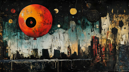 Fototapete - A vibrant painting depicting a city with abstract celestial elements