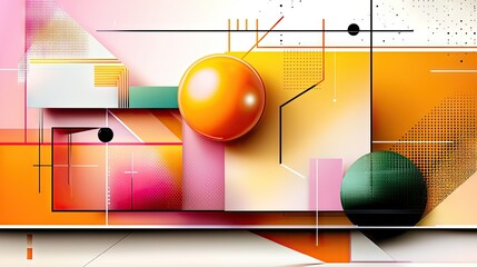 Poster - Bright and vibrant orange-pink abstract background with geometric shapes.