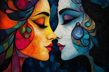 Fototapete - Two abstract female faces in vivid complementary colors touching noses