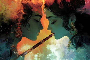 Fototapete - Two figures depicted face to face with a flute between them