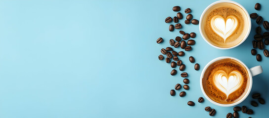 Poster - Flat lay of coffee cups with latte art and scattered beans on a blue background