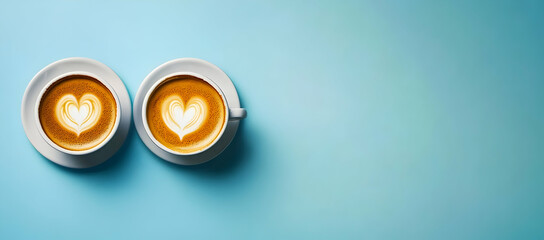 Poster - Flat lay of coffee cups with latte art and scattered beans on a blue background