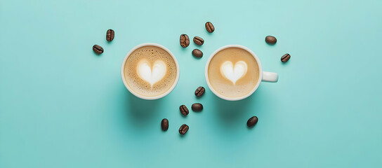 Poster - Minimalistic flat lay of coffee cups and scattered beans on a blue background with copy space