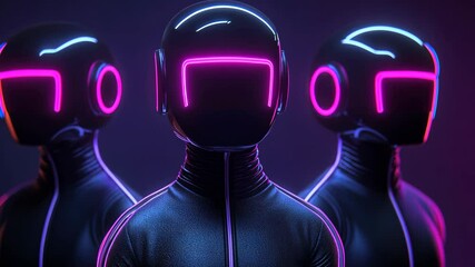 Poster - Futuristic humanoid figures with glowing accents stand in a dark, neon-lit environment, creating a striking visual display