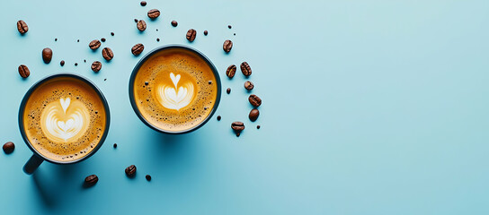 Poster - Two cups of coffee with latte art and scattered coffee beans on a blue background