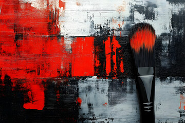 Fototapete - A vibrant abstract art painting with a painters tool on display